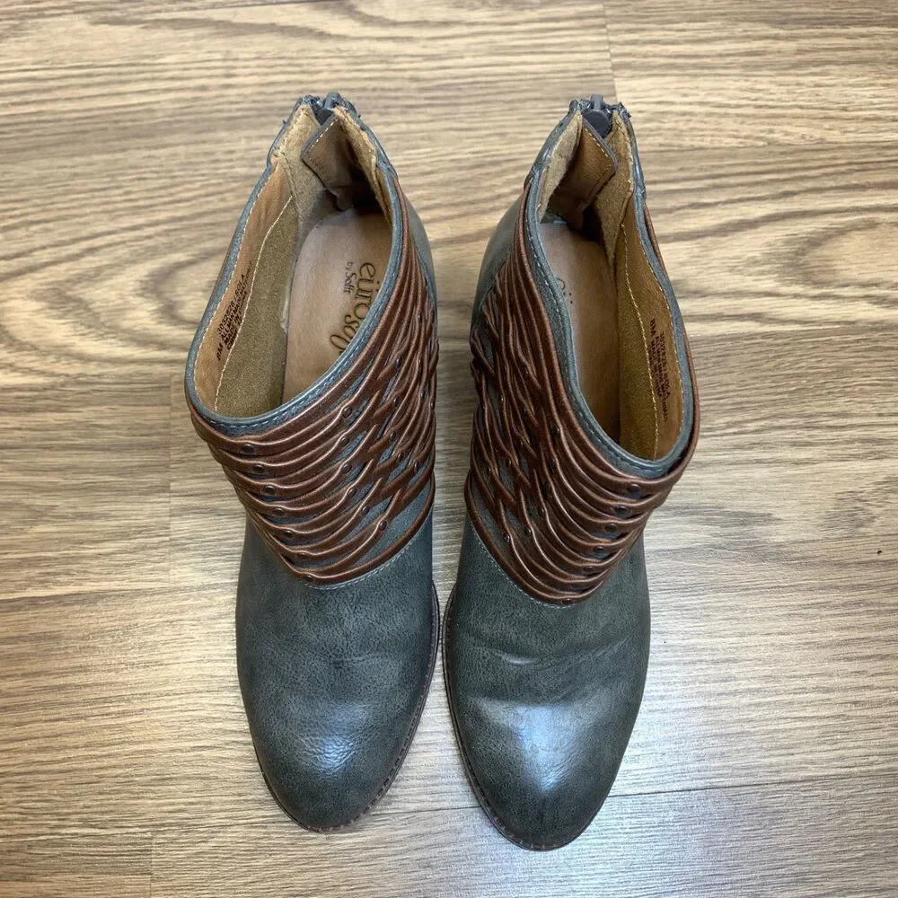 Sofft Euro Ankle Boots Womens 8 Gray Brown Faux Leather Woven Accent Block Heels